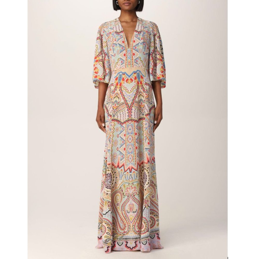 ETRO BLUE MULTI SILK BELL SLEEVE MAXI DRESS SIZE IT 44 / US 10 NWOTS!